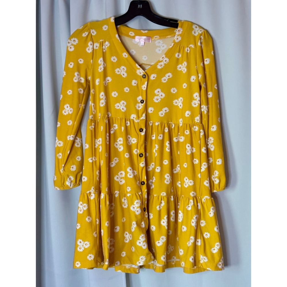 Stella Tweed Girls Yellow Daisy Floral Tiered Babydoll Dress Size M 10/12